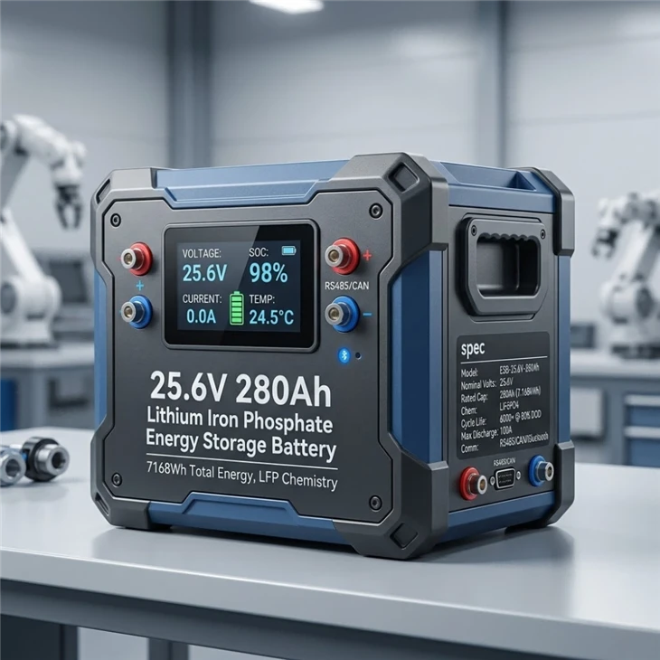Bateria d'emmagatzematge d'energia de fosfat de ferro de liti de 25,6 V 280 Ah